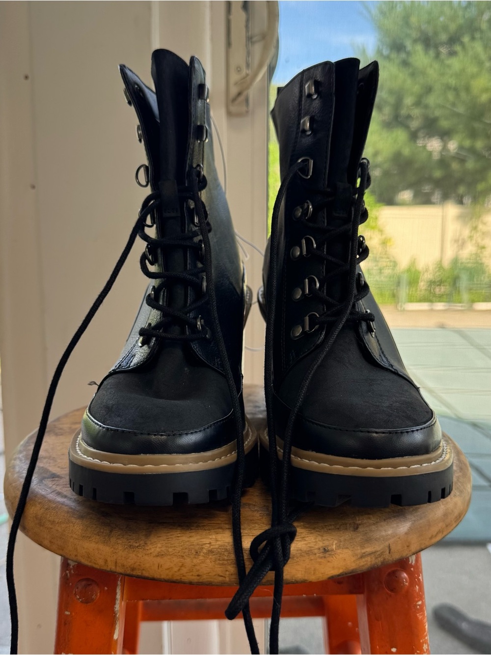 Women's 10 Black Combat Boots Lace Up Chunky Block Heel Lug Sole Moto Ankle NWT - Picture 7 of 16